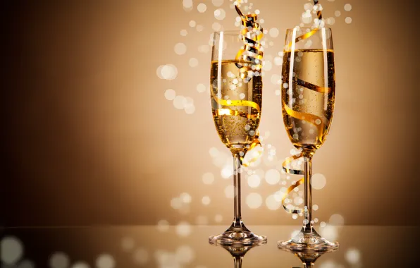Winter, New Year, glasses, Christmas, champagne, Christmas, gold, ribbons