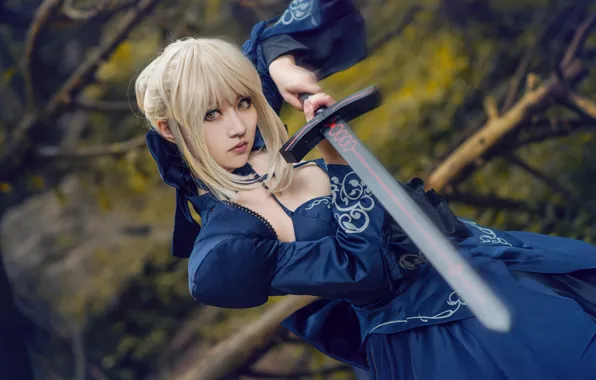 Picture forest, look, girl, trees, branches, blue, face, style, weapons, background, movement, hair, portrait, sword, hands, …