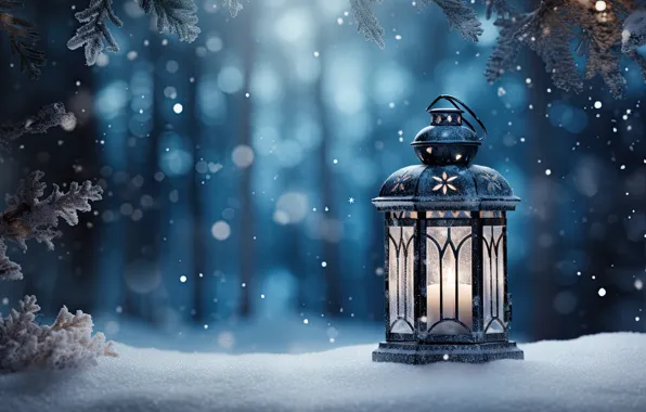 Winter, snow, decoration, New Year, Christmas, lantern, light, new year