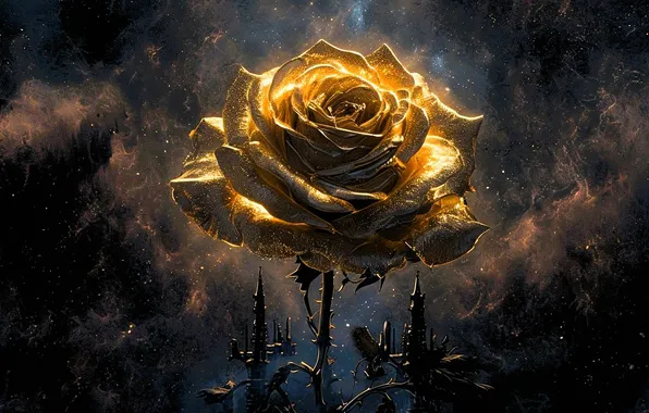 Flower, gold, haze, digital art, Golden rose, digital art, AI art, Stability AI