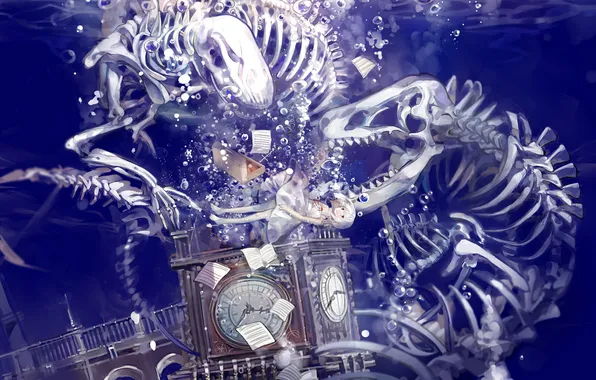 Picture girl, bubbles, the building, watch, tower, anime, art, skeleton