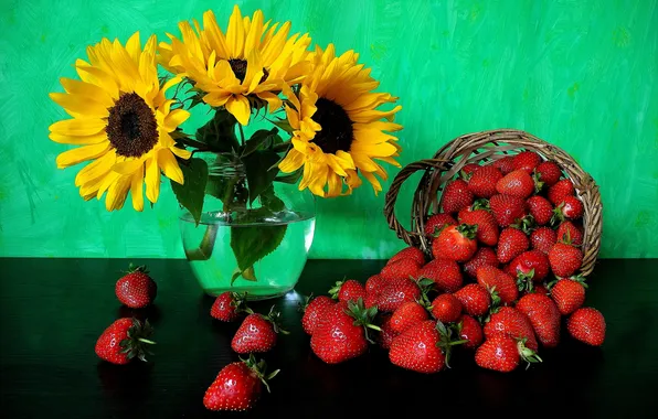 Sunflowers, flowers, berries, strawberry, still life, basket