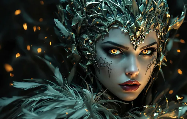 Look, girl, light, the dark background, portrait, feathers, crown, fantasy
