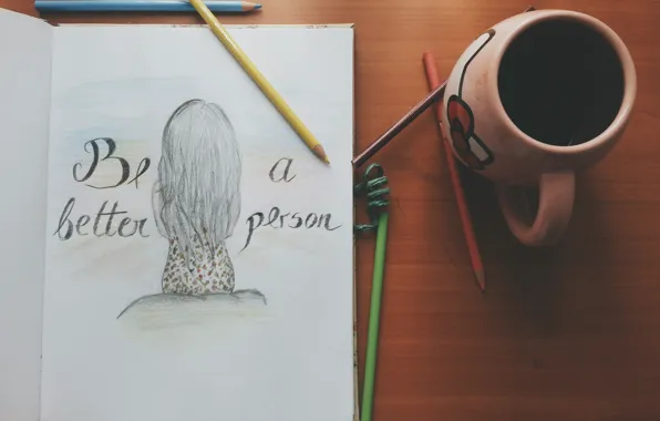 Picture the inscription, figure, pencils, mug, Cup