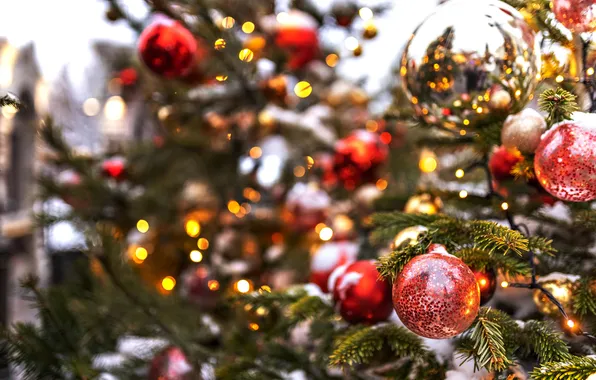 Winter, balls, snow, branches, lights, Shine, ball, ball