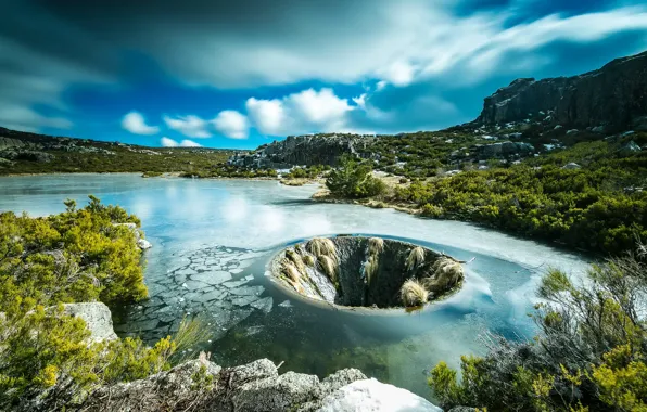 The sky, clouds, lake, stones, rocks, Portugal, the bushes, Guarda