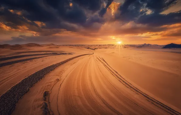 Road, sand, the sky, the sun, rays, sunset, clouds, hills