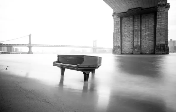 Picture bridge, music, river, piano