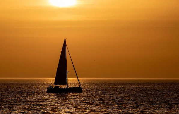 The sun, sunset, reflection, the ocean, the evening, yacht, sail, orange sky