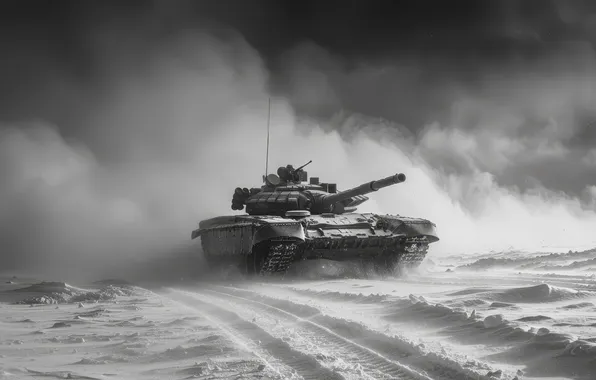 Picture Winter, Snow, Tank, Digital art, Black and white, Blizzard, AI art, The Art of Artificial …