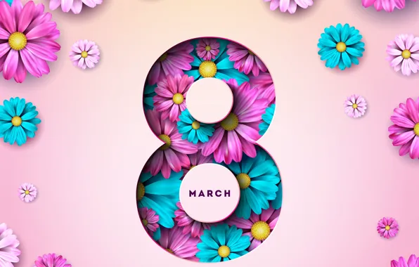 Flowers, happy, March 8, pink, flowers, postcard, spring, celebration