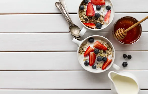 Picture berries, Breakfast, blueberries, strawberry, honey, yogurt, cereal
