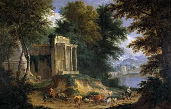 Sea, trees, mountains, picture, the ruins, Adrian Frans Boudewyns, Landscape with Ruins