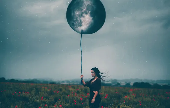 Picture girl, the moon, ball, Maki, stars, Amy Spanos