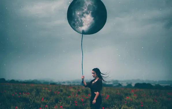 Girl, the moon, ball, Maki, stars, Amy Spanos