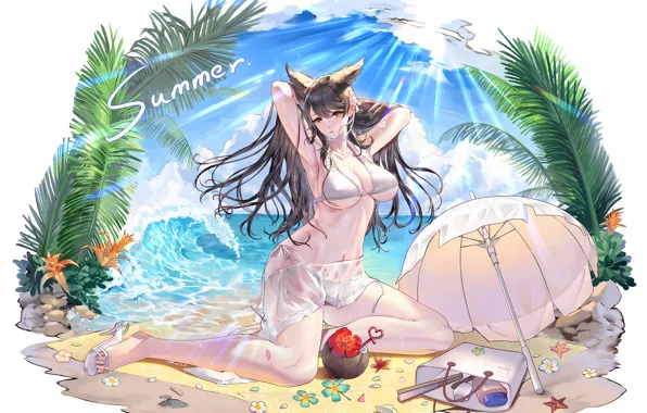 Girl, summer, sexy, wet, cleavage, beach, sky, long hair