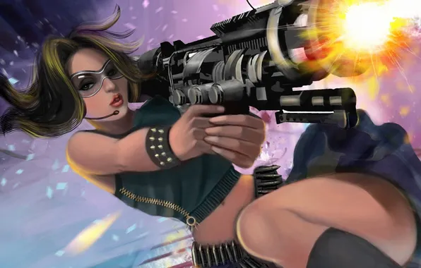 Girl, weapons, art, glasses, shooting