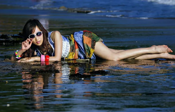 Picture SAND, DRESS, SURF, LYING, REFLECTION, GLASSES, SHORE, ASIAN