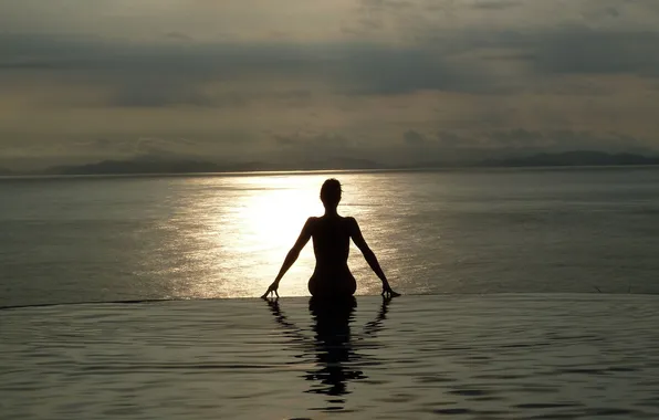 Sea, girl, the evening, pool, silhouette