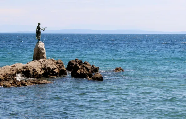 Sea, stones, bird, coast, woman, sculpture, Croatia, Opatija