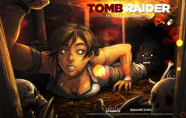Skull, teeth, Tomb Raider, beast, crawling, Lara Croft, 15 year celebration
