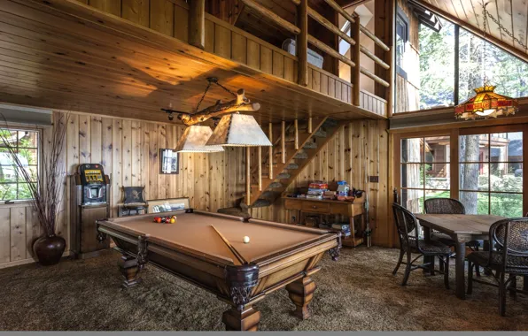 Table, balls, window, chair, ladder, cue, billiard room