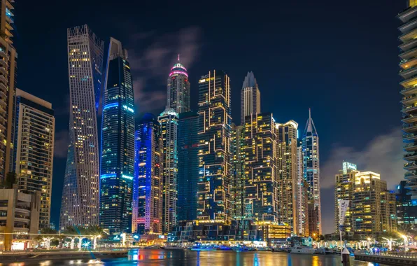 Building, home, Dubai, night city, Dubai, skyscrapers, harbour, UAE
