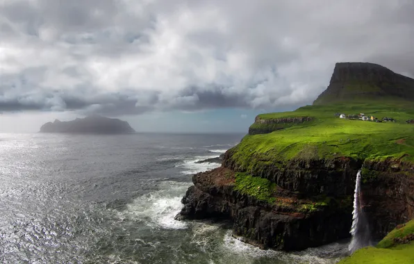 Rocks, island, mountain, waterfall, The Atlantic ocean, Faroe Islands