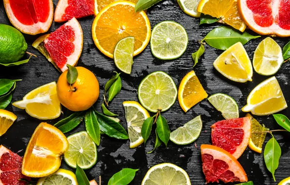 Background, orange, lime, fruit, citrus, lemons, slices, Mandarin