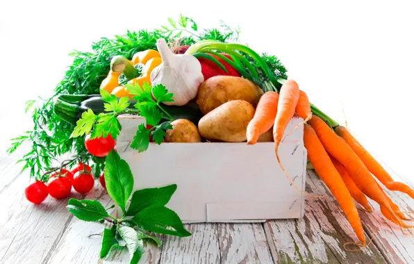 Greens, leaves, Board, white background, pepper, box, vegetables, tomatoes