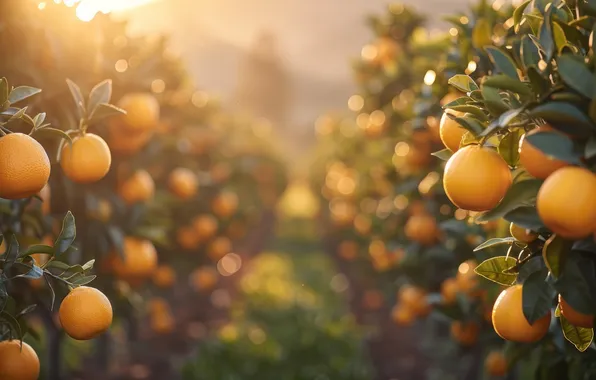 Leaves, light, branches, oranges, garden, harvest, fruit, a lot