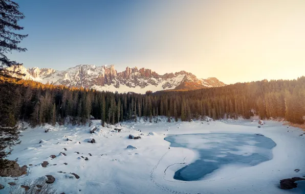 Winter, snow, mountains, ate, Italy, The Dolomites, South Tyrol, lake Carezza