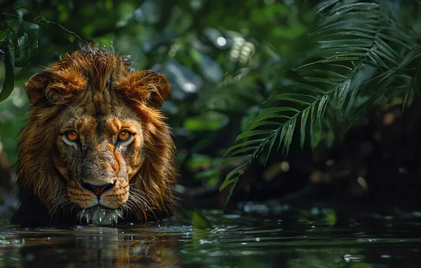 Water, Grass, Look, Trees, Leo, Face, Predator, Digital art