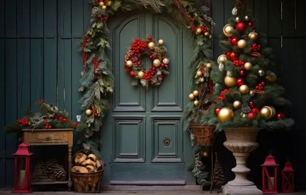The door, Christmas, New year, tree, garland, decoration, Christmas wreath