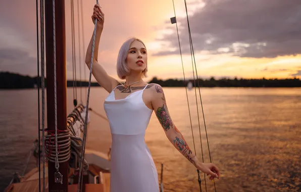 Girl, pose, hands, yacht, figure, dress, tattoo, blonde