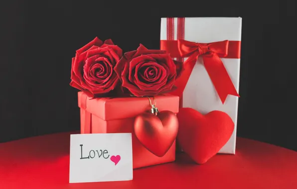 Red, love, romantic, hearts, valentine's day, gift, roses, red roses