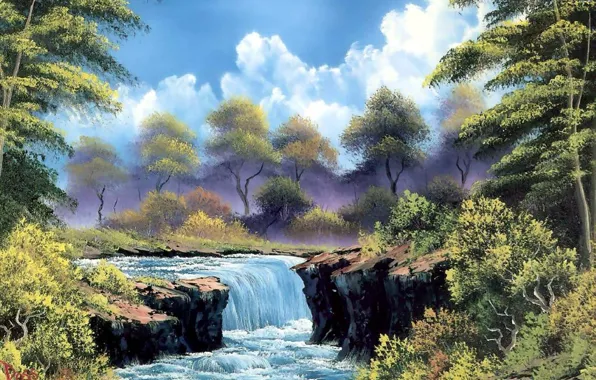 Picture forest, the sky, clouds, landscape, branches, waterfall, picture, painting