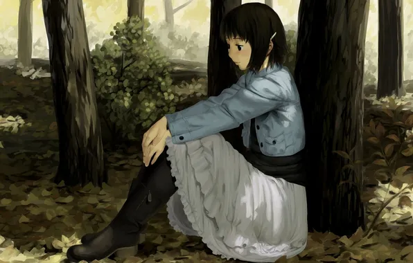 Sadness, autumn, leaves, girl, trees, anime, art, barrette