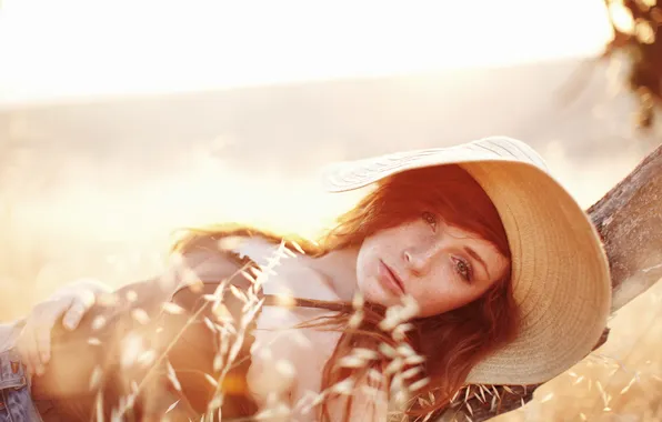 Summer, look, girl, hat, red