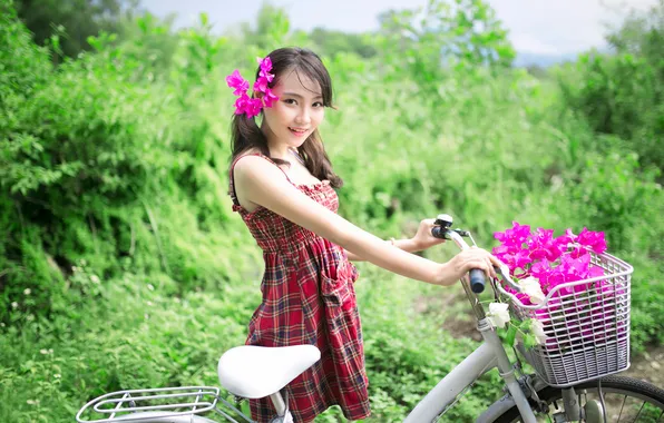 Flowers, bike, smile, Oriental girl