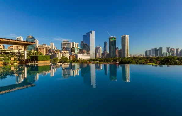 Roof, the sky, water, the sun, trees, the city, reflection, the building