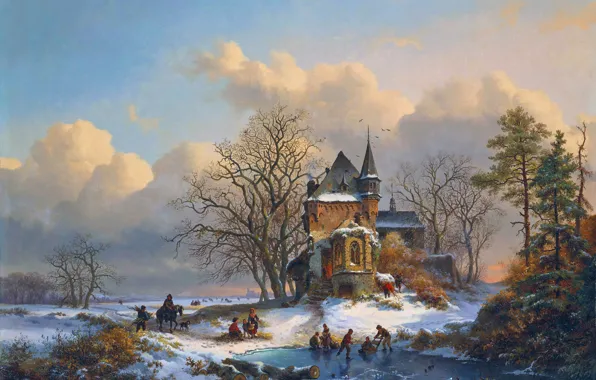 Picture Clouds, Winter, Trees, House, People, Picture, Frederik Marinus Kruseman, Frederik Marinus Kruseman