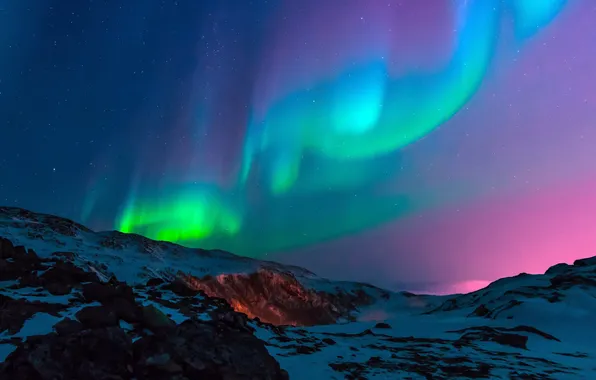 Winter, mountains, night, Northern lights, night, winter, mountains, northern lights