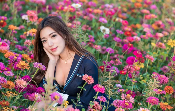 Picture look, flowers, smile, sweetheart, meadow, Asian