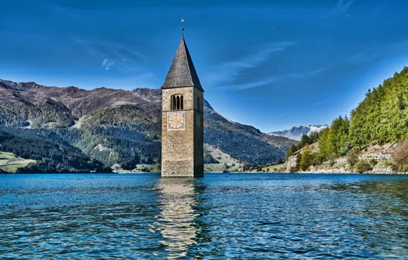 Lake, tower, Italy, South Tyrol, Reschensee