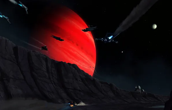 Stars, surface, planet, starships, Star Citizen