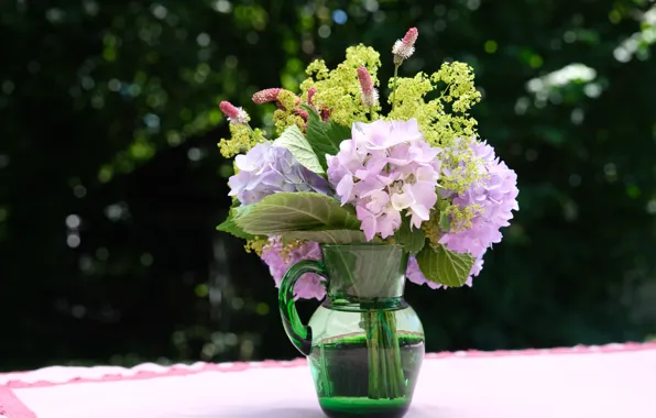 Picture flowers, nature, bouquet, pink, pitcher, different, hydrangea