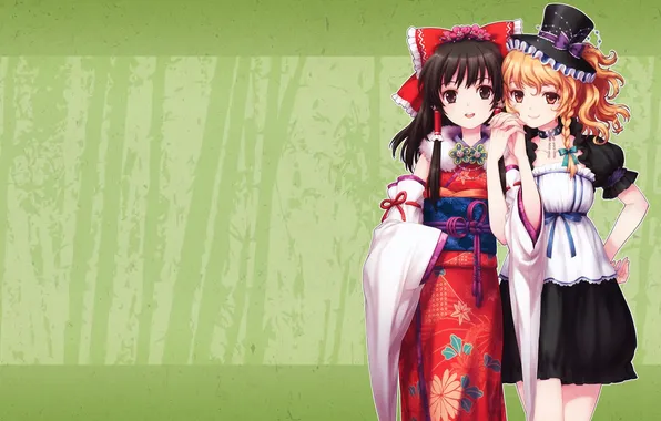 Smile, background, girls, art, kimono, touhou, kirisame marisa, hakurei reimu