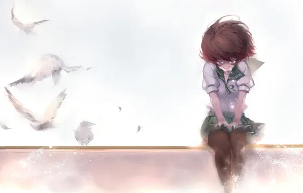 Picture girl, birds, anime, tears, art, form, schoolgirl, mutsuki