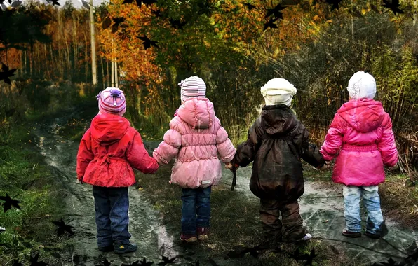 Picture ROAD, FOREST, CHILDREN, LEAVES, AUTUMN, CAPS, JACKETS